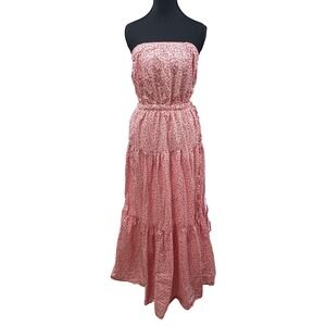 Gap Women Floral Smocked Strapless Tiered Maxi Dress Red White Size M Boho Chic